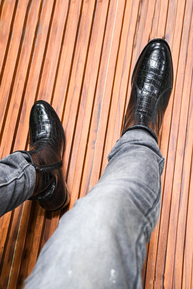 Jazzy Jackman Leather Print Ankle Length Boots Shoes by Libertyzeno – Don't Panic Shoes