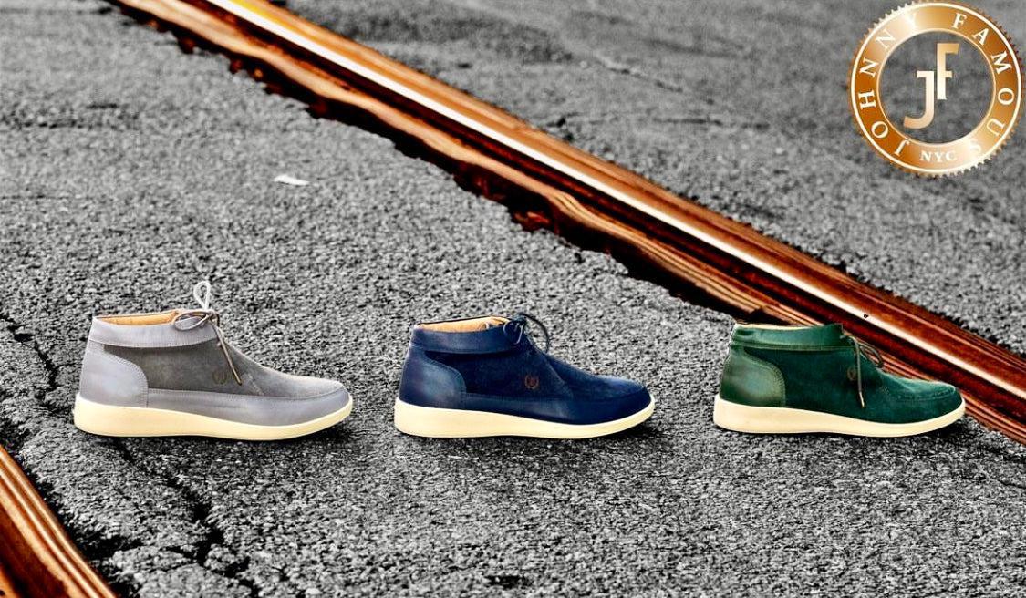 Johnny FamouS Bally Style Central Park Men’s High Tops – Navy Blue Suede And Leather – Vintage 80s Vibe Shoes by Johnny Famous – Don't Panic Shoes