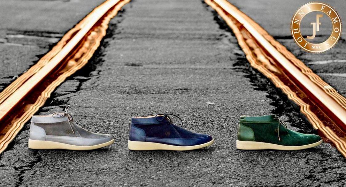 Johnny FamouS Bally Style Central Park Men’s High Tops – Navy Blue Suede And Leather – Vintage 80s Vibe Shoes by Johnny Famous – Don't Panic Shoes