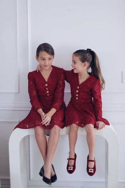 Elise Lace Dress Rhinestone Button Belt Lace Burgundy