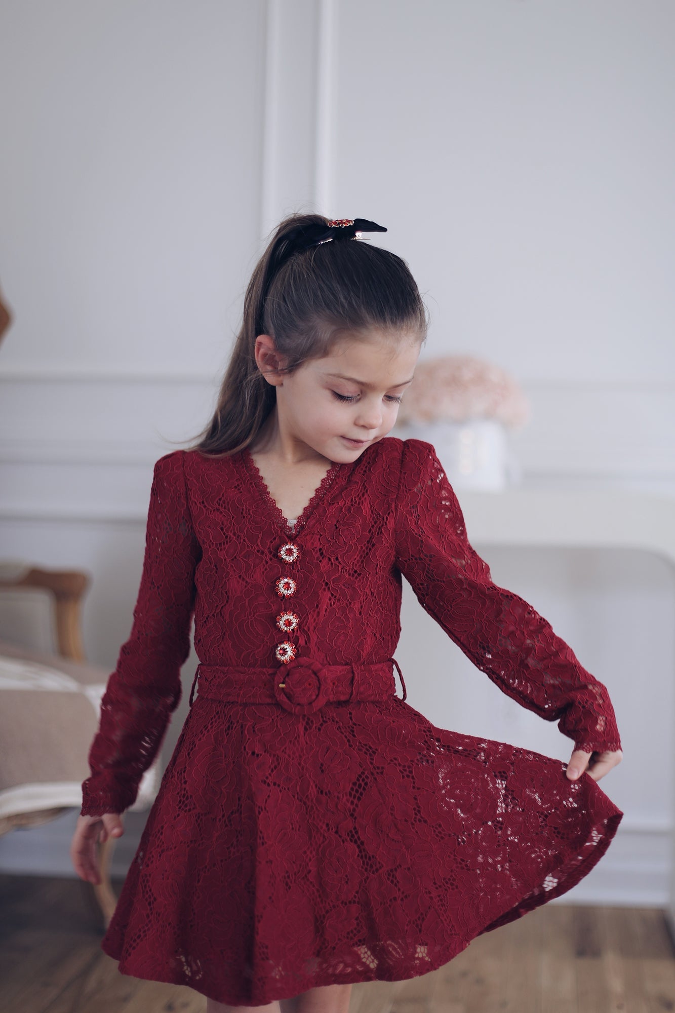 Elise Lace Dress Rhinestone Button Belt Lace Burgundy