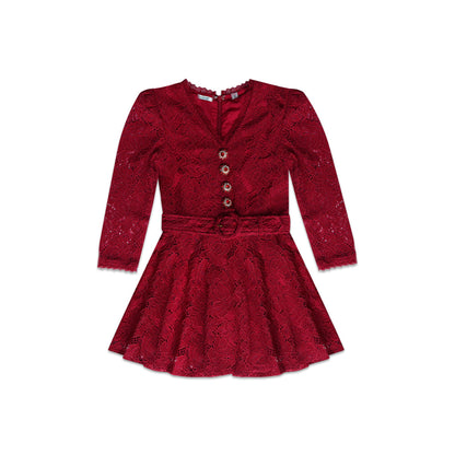 Elise Lace Dress Rhinestone Button Belt Lace Burgundy