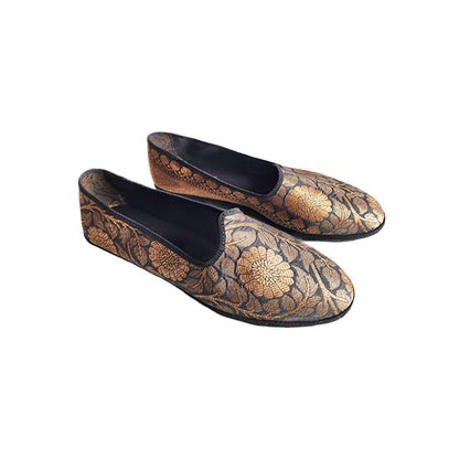 Laality Friulana Flat Women’S Silk Jacquard Nero Oro Slip On by Mar Soreli – Don't Panic Shoes