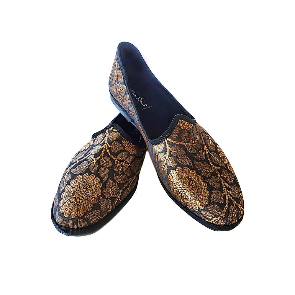 Laality Friulana Flat Women’S Silk Jacquard Nero Oro Slip On by Mar Soreli – Don't Panic Shoes