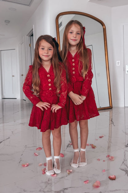 Elise Lace Dress Rhinestone Button Belt Lace Burgundy