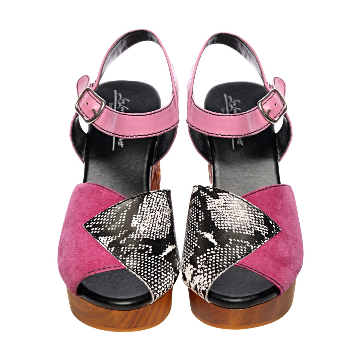 Lucky Lou Shoes Women's The Momento Mori - In Electric Pink With Black And White Snake On Natural Base Shoes by Lucky Lou Shoes – Don't Panic Shoes