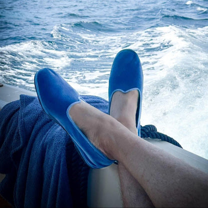 Mar Soreli Friulana Flat Wide Men’S Velvet Avio Scuro Slip On by Mar Soreli – Don't Panic Shoes