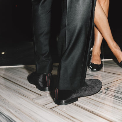 Men's Black Velvet Slipper Ii With Black Grosgrain Stripe Men's Footwear by Del Toro Shoes – Don't Panic Shoes