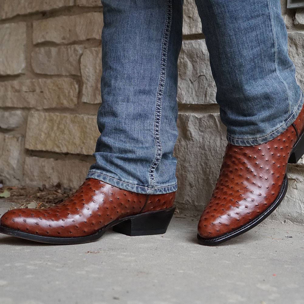 Men's Cognac Ostrich Print Cowboy Boots (H7002) Cowboy Boots by Soto Boots – Don't Panic Shoes
