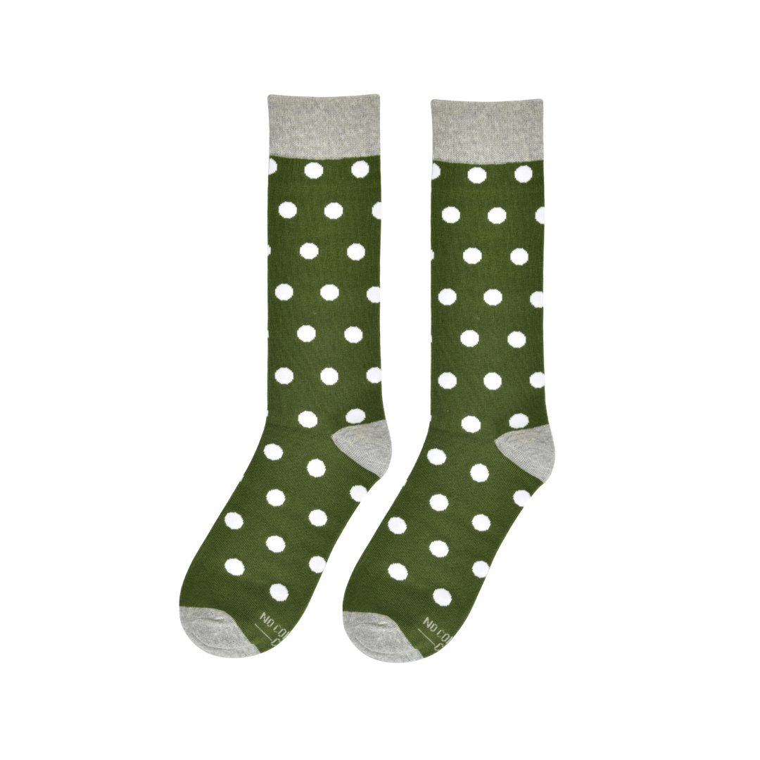 Olive Green With White Polka Dot Socks Soft Breathable Cotton Blend Crew Socks For Women Fashionable Gift Socks by No Cold Feet – Don't Panic Shoes
