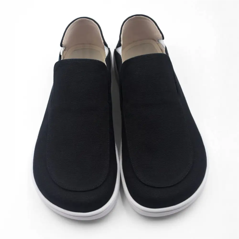 Bearfoot Men's Oso CG2 Canvas Black White Zero Drop Slip On Wide Toe Shoe