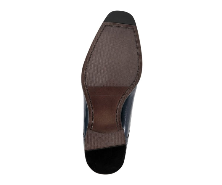  Side angle of Harvey Navy shoes displaying elegant silhouette, rounded toe, and comfortable low heel