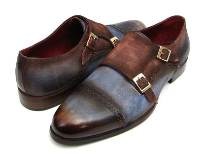 Paul Parkman Captoe Double Monkstrap Antique Blue And Brown Suede (Id045an14) by Paul Parkman – Don't Panic Shoes