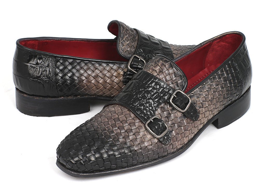 Paul Parkman Gray Woven And Croc Embossed Monkstraps (IdHk588 - Gry) by Paul Parkman – Don't Panic Shoes
