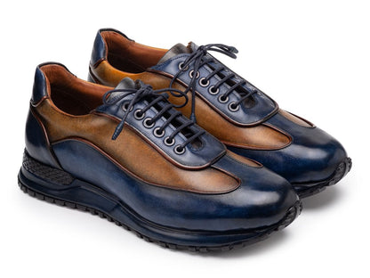 Paul Parkman Men's Blue And Camel Patina Leather Sneakers (IdLs406bcl) Shoes by Paul Parkman – Don't Panic Shoes