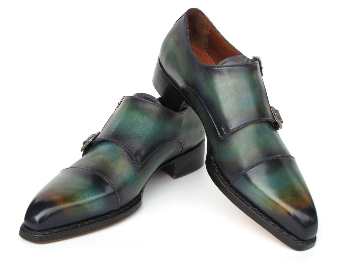 Paul Parkman Men's Cap Toe Double Monkstrap Shoes Green And Blue Patina (Id2598 - 5bg) Shoes by Paul Parkman – Don't Panic Shoes