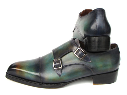 Paul Parkman Men's Cap Toe Double Monkstrap Shoes Green And Blue Patina Shoes by Paul Parkman – Don't Panic Shoes