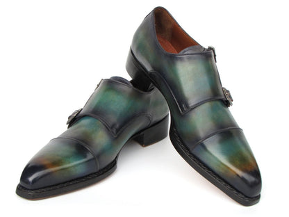 Paul Parkman Men's Cap Toe Double Monkstrap Shoes Green And Blue Patina Shoes by Paul Parkman – Don't Panic Shoes