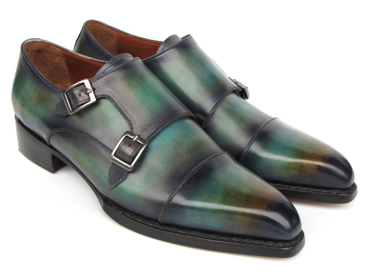 Paul Parkman Men's Cap Toe Double Monkstrap Shoes Green And Blue Patina Shoes by Paul Parkman – Don't Panic Shoes
