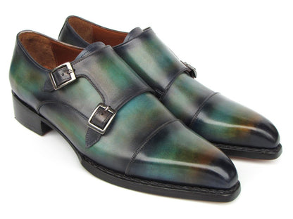 Paul Parkman Men's Cap Toe Double Monkstrap Shoes Green And Blue Patina Shoes by Paul Parkman – Don't Panic Shoes