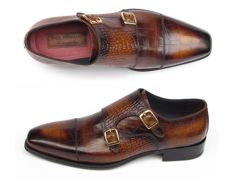 Paul Parkman Men's Croco - Embossed Leather Double Monkstraps In Brown Shoes by Paul Parkman – Don't Panic Shoes