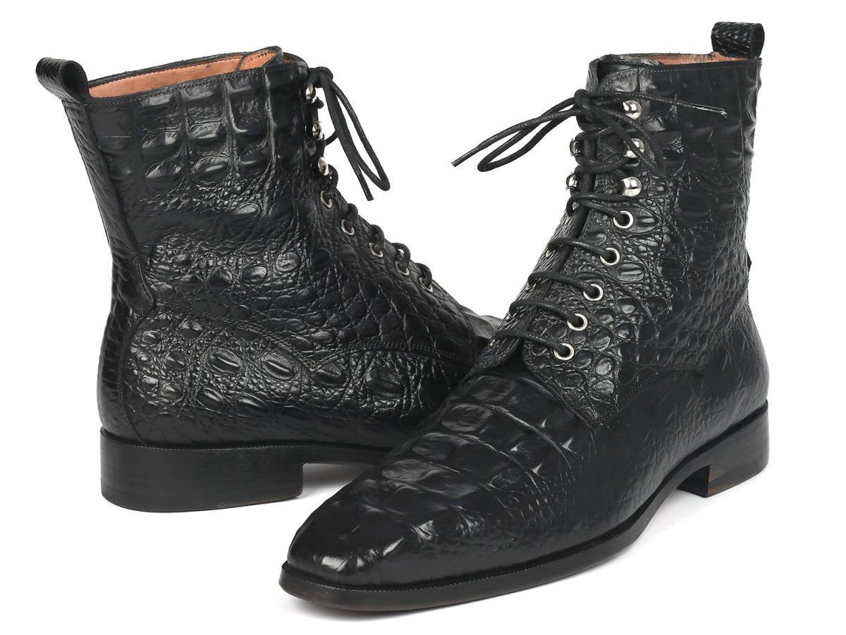 Paul Parkman Men's Croco - Embossed Leather Lace - Up Boots In Black Shoes by Paul Parkman – Don't Panic Shoes