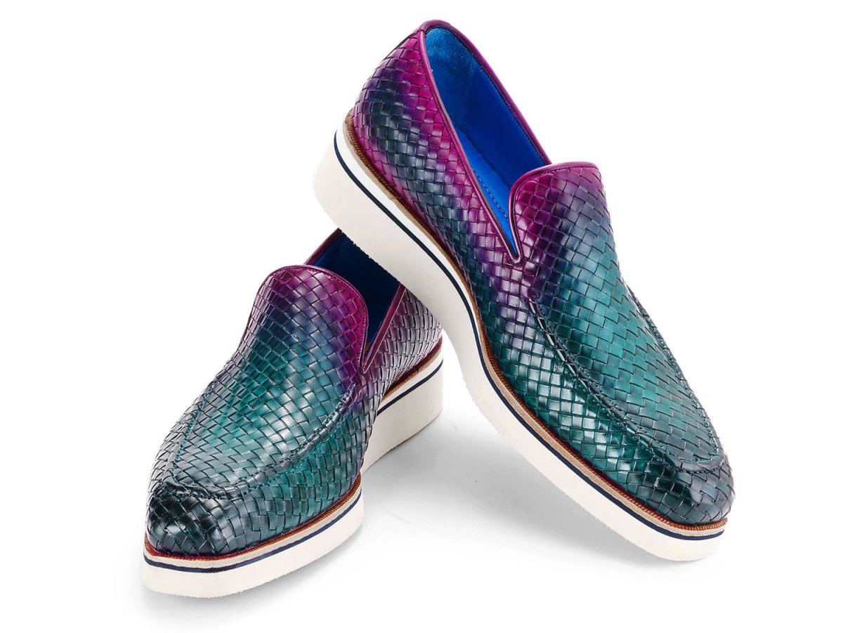 Paul Parkman Men's Custom Made Green And Purple Smart Casual Woven Leather Loafers 186 - Wn - Gpr by Paul Parkman – Don't Panic Shoes