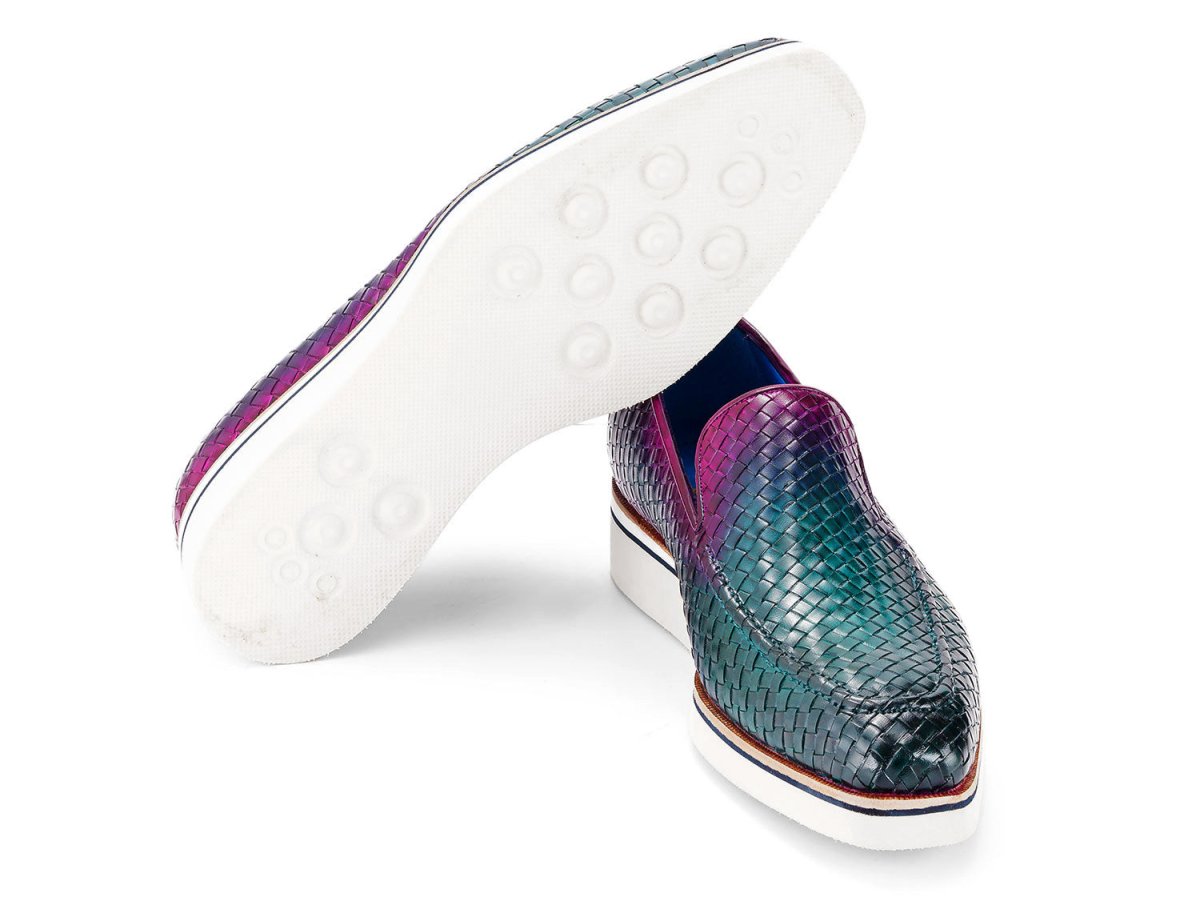 Paul Parkman Men's Custom Made Green And Purple Smart Casual Woven Leather Loafers 186 - Wn - Gpr by Paul Parkman – Don't Panic Shoes