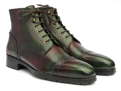 Paul Parkman Men's Green And Brown Hand - Painted Cap Toe Boots Shoes by Paul Parkman – Don't Panic Shoes