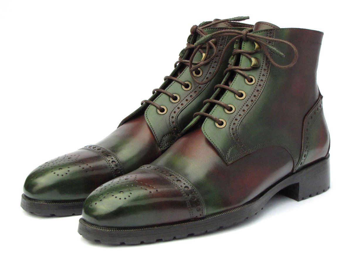 Paul Parkman Men's Green And Brown Hand - Painted Cap Toe Boots Shoes by Paul Parkman – Don't Panic Shoes