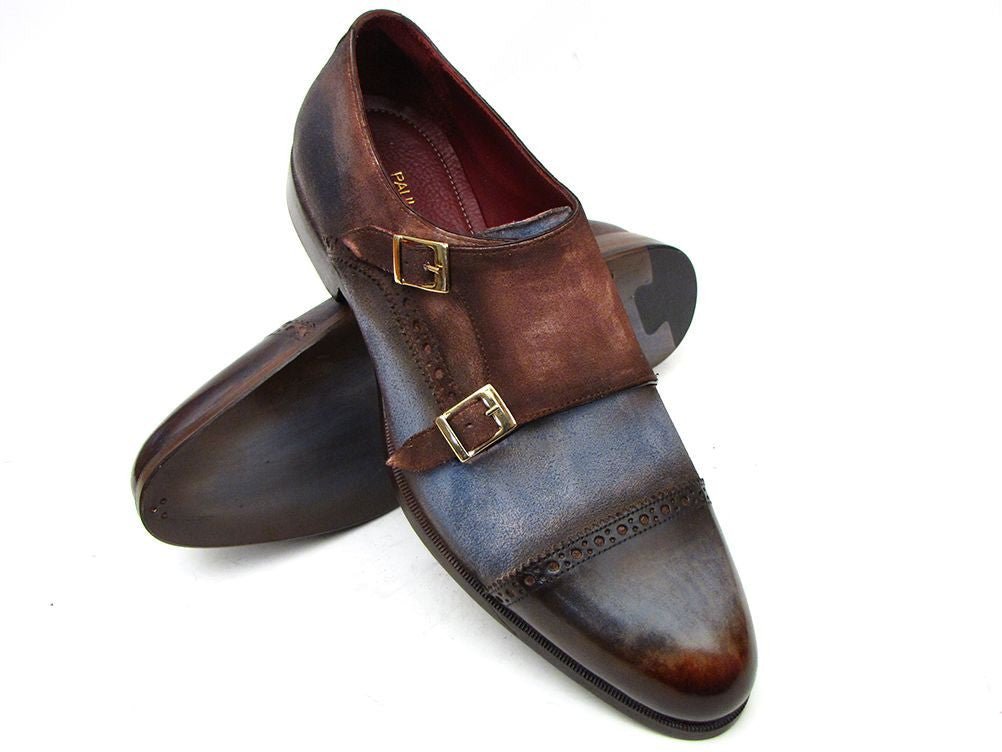 Paul Parkman Men's Suede Double Monkstraps In Antique Blue And Brown Shoes by Paul Parkman – Don't Panic Shoes