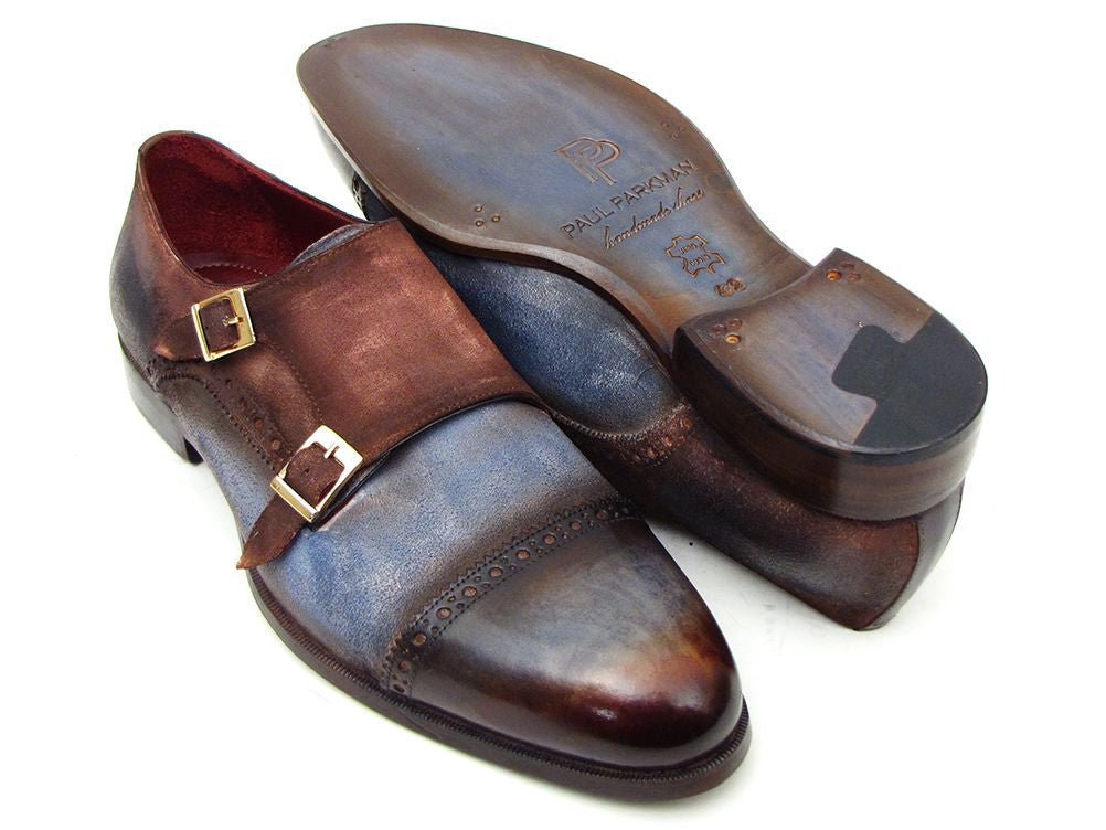 Paul Parkman Men's Suede Double Monkstraps In Antique Blue And Brown Shoes by Paul Parkman – Don't Panic Shoes