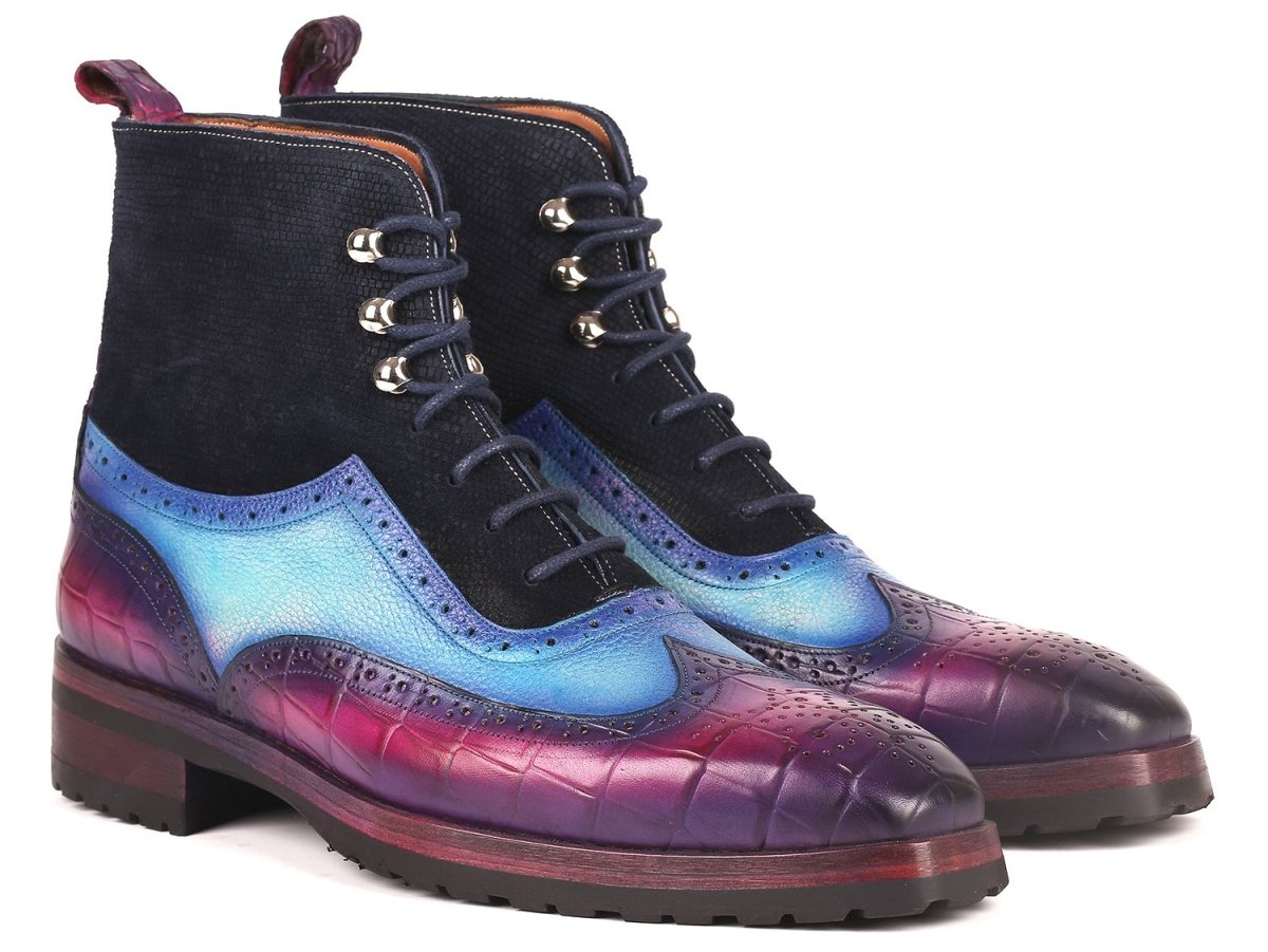 Paul Parkman Men's WIngtip Rubber Sole Boots in Purple, Light Blue And Navy Shoes by Paul Parkman – Don't Panic Shoes