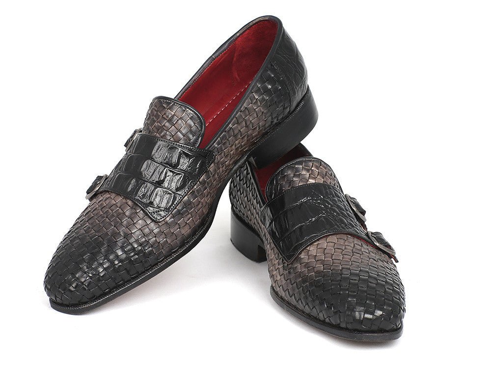 Paul Parkman Men's Woven And Croco - Embossed Leather Monkstraps In Black And Gray Shoes by Paul Parkman – Don't Panic Shoes