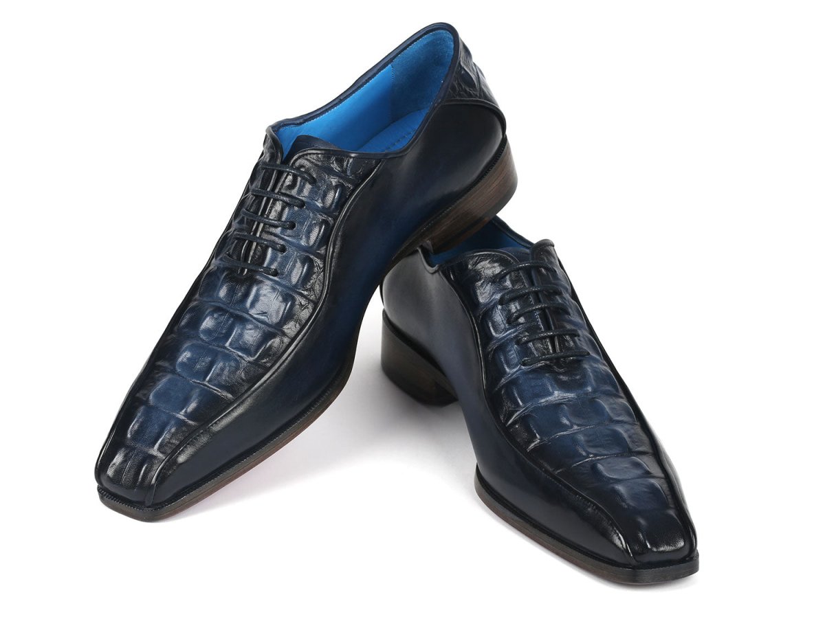 Paul Parkman Navy Croco Textured Leather Bicycle Toe Oxfords (Id94 - 214) by Paul Parkman – Don't Panic Shoes