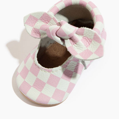 Petal Pink Check Knotted Bow Baby Shoe Knotted Bow Mocc by Freshly Picked – Don't Panic Shoes