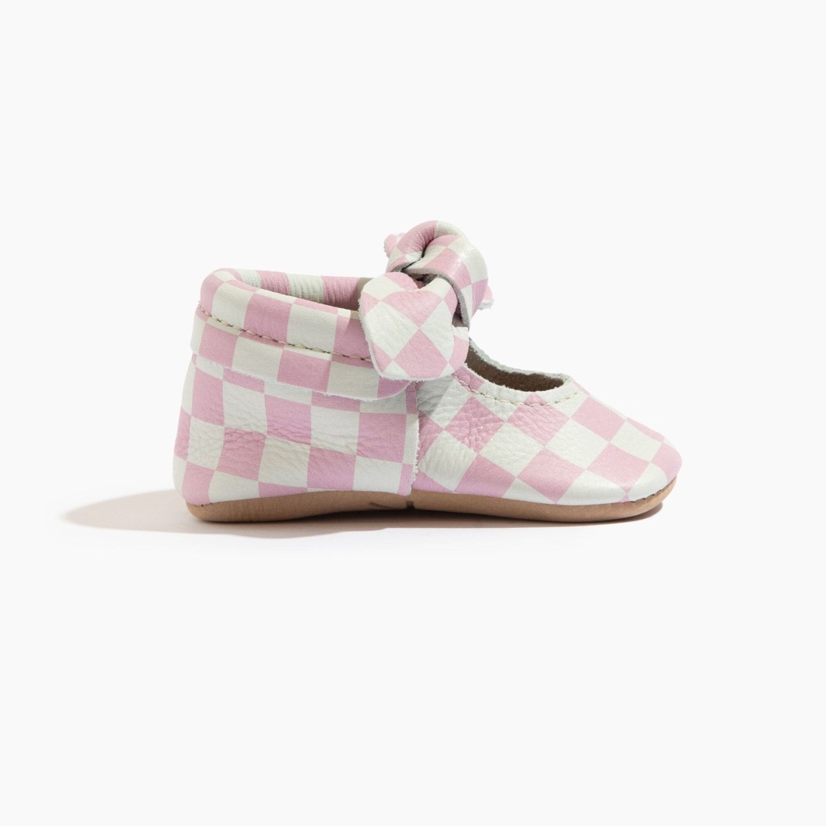 Petal Pink Check Knotted Bow Baby Shoe Knotted Bow Mocc by Freshly Picked – Don't Panic Shoes