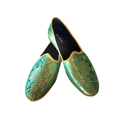 Priya 2 Green Gold Silk Jacquard Embroidered Ballet Flat Slip On by Mar Soreli – Don't Panic Shoes