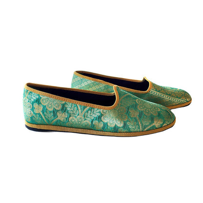 Priya 2 Green Gold Silk Jacquard Embroidered Ballet Flat Slip On by Mar Soreli – Don't Panic Shoes