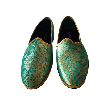 Priya 2 Green Gold Silk Jacquard Embroidered Ballet Flat Slip On by Mar Soreli – Don't Panic Shoes