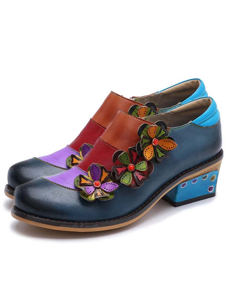Retro Flowers Splicing Genuine Leather Flat Shoes Flat by Colorstepshoes – Don't Panic Shoes