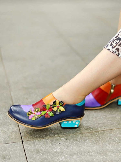 Retro Flowers Splicing Genuine Leather Flat Shoes Flat by Colorstepshoes – Don't Panic Shoes