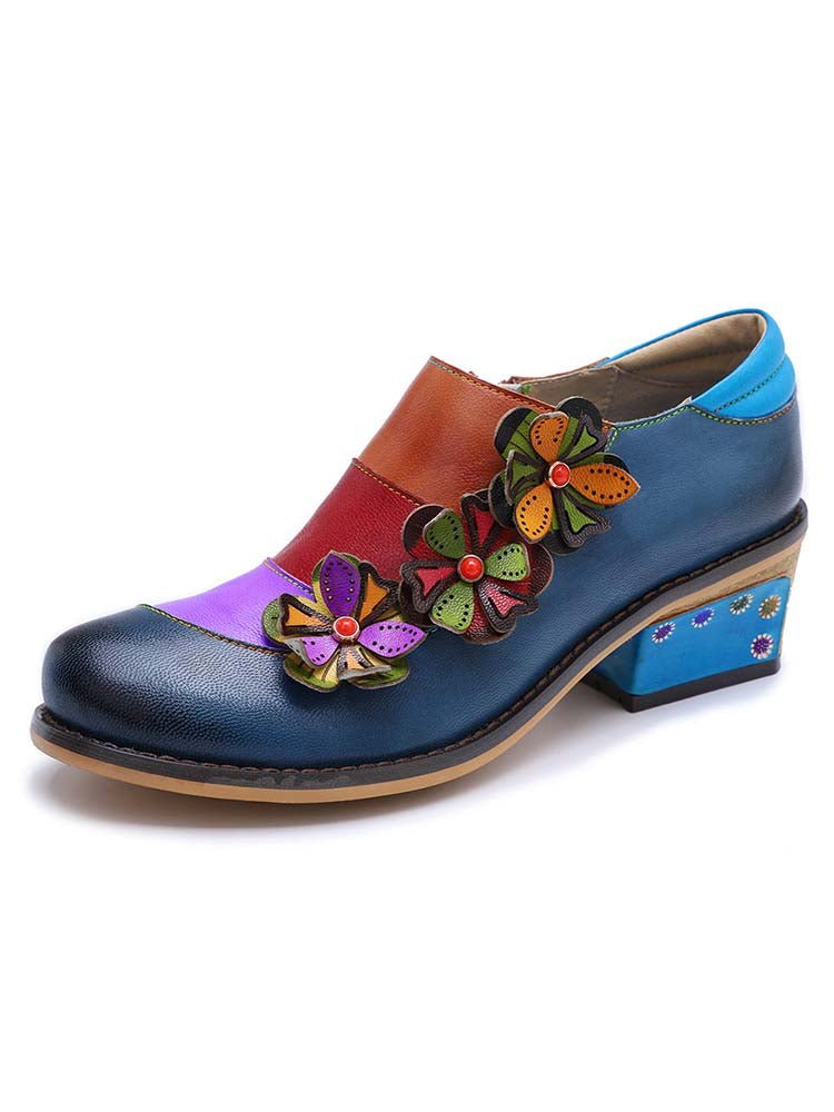 Retro Flowers Splicing Genuine Leather Flat Shoes Flat by Colorstepshoes – Don't Panic Shoes