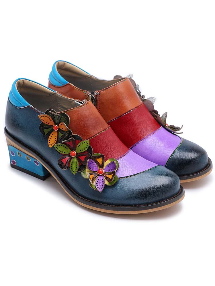 Retro Flowers Splicing Genuine Leather Flat Shoes Flat by Colorstepshoes – Don't Panic Shoes