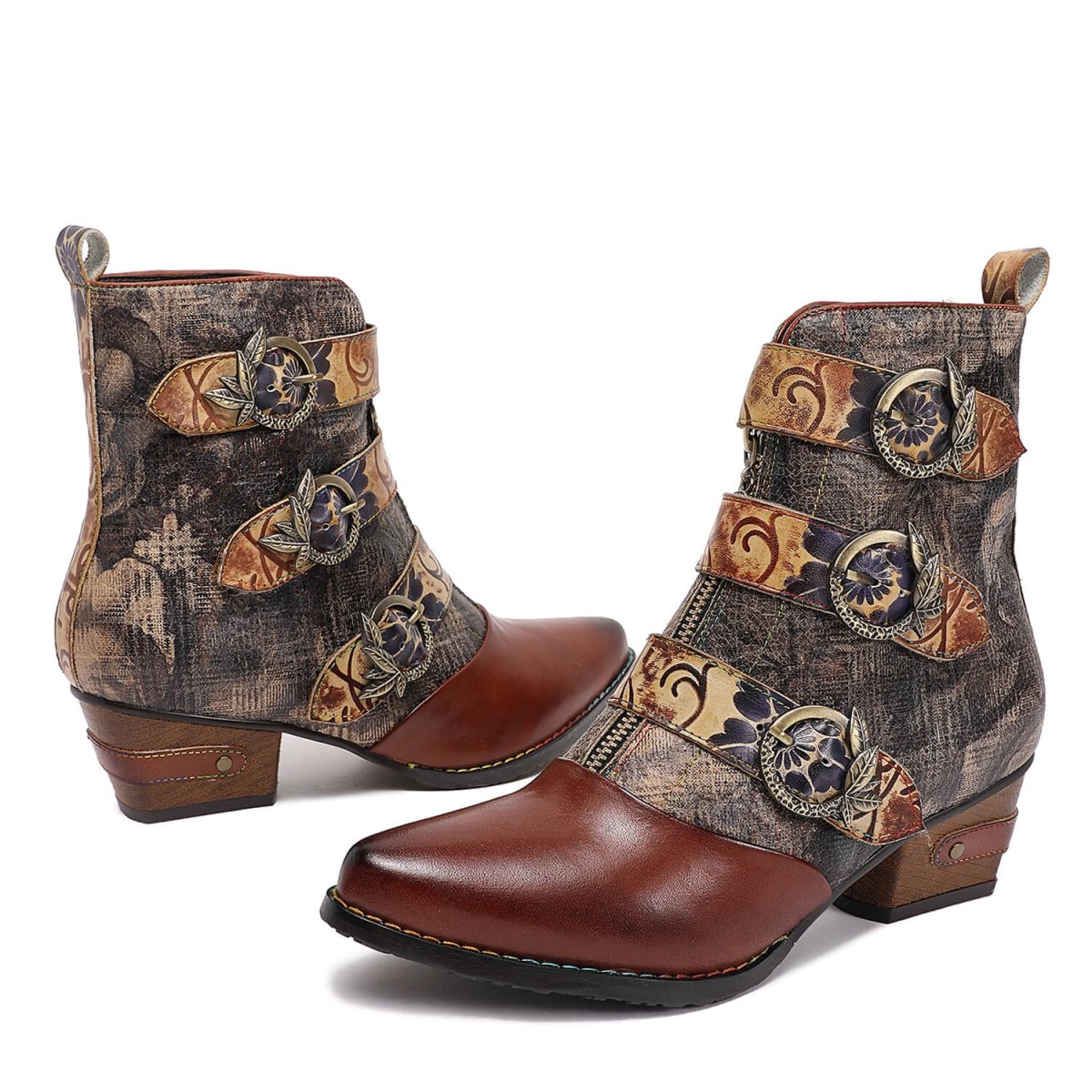 Retro Handmade Vintage Embossed Buckle Leather Boots Booties by Colorstepshoes – Don't Panic Shoes