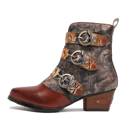 Retro Handmade Vintage Embossed Buckle Leather Boots Booties by Colorstepshoes – Don't Panic Shoes