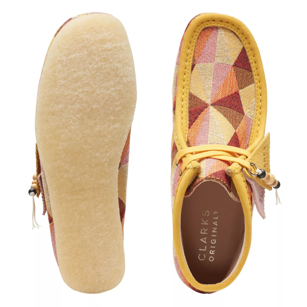 High-quality womens Clarks Wallabee Boot in yellow and tan suede