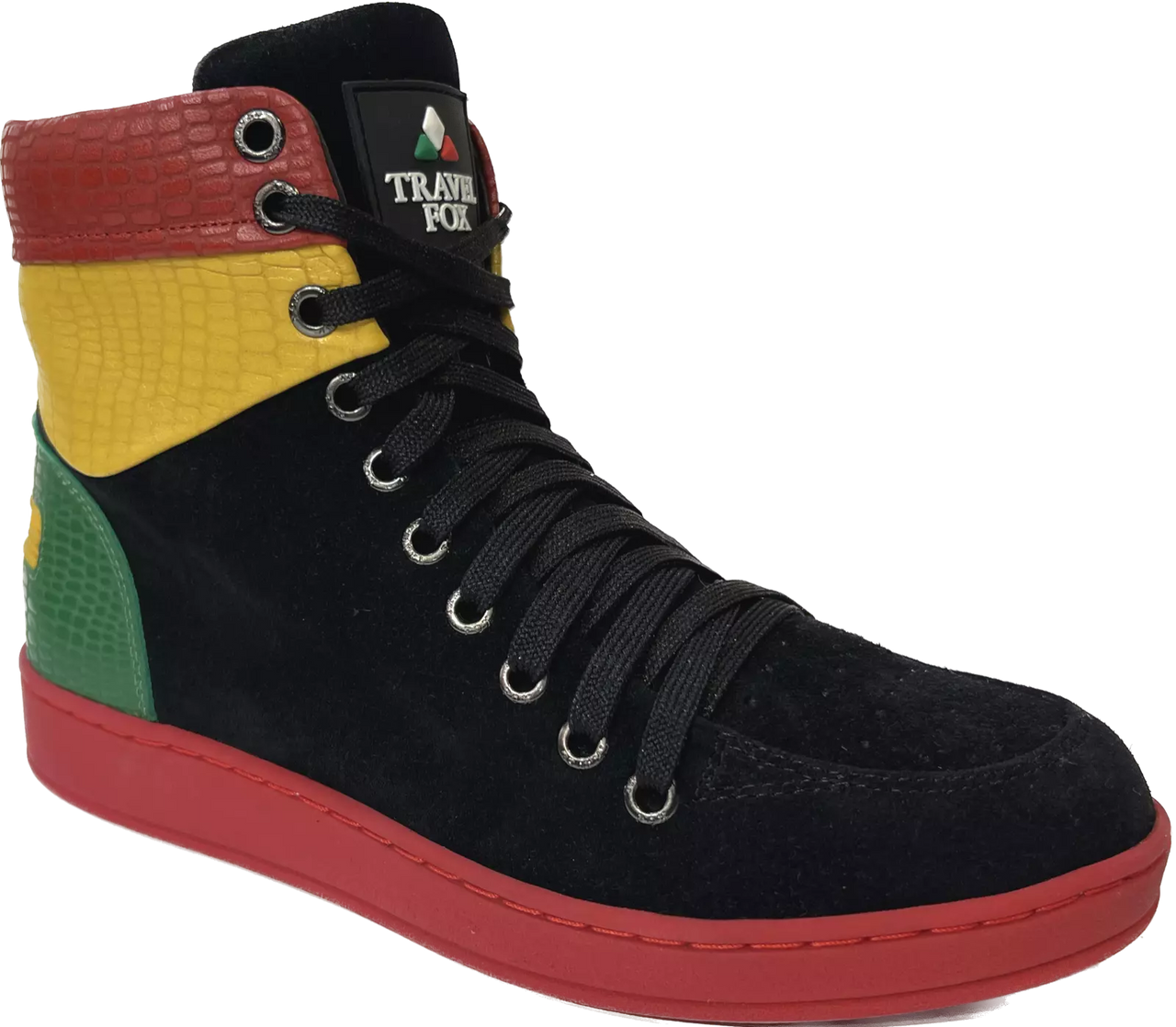 ✅ Travel Fox High Top Men’s Black Red Green Yellow Suede 922721233