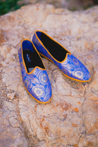 Sangeet Royal Womens Royal Blue Silk Jacquard Embroidered Slip On by Mar Soreli – Don't Panic Shoes