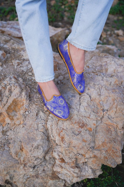 Sangeet Royal Womens Royal Blue Silk Jacquard Embroidered Slip On by Mar Soreli – Don't Panic Shoes